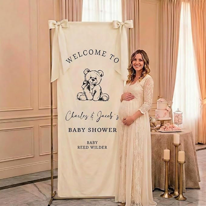 Personalized Bear Baby Shower Fabric Welcome Sign Hello Baby Linen Backdrop | - Image 2