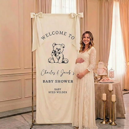 Personalized Bear Baby Shower Fabric Welcome Sign Hello Baby Linen Backdrop | - Image 2