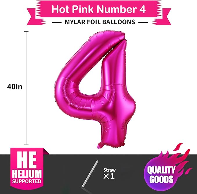 4 Balloon Number Hot Pink 4 Birthday Balloon 40 inch Foil Mylar Large 4 Balloon - Image 2