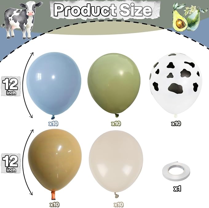 Cow Print Balloons, 12 Inch Farm Animal Retro Dusty Blue Green Beige Black Sand - Image 2