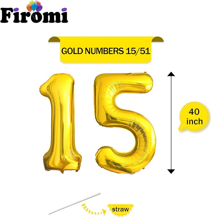 FIROMI 15 Number Balloons Gold Big Foil Mylar 51 Balloon Numbers 40-inch | - Image 2