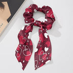 Pack of 2 Love Heart Pink Scrunchies Hair Ties for Women Red Satin Scarf Scunchies Valentine's Day Theme Bow Hair Ties with Long Tails for Yoga Sport