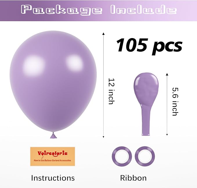 Voircoloria 105pcs Lilac Purple Party Latex Balloons, 12inch | - Image 2