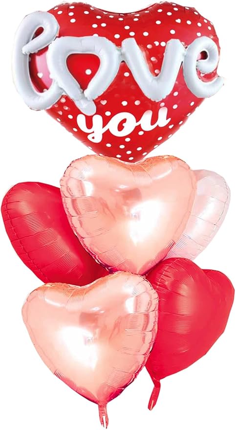 Red Heart Shape Rose Gold Love You Balloons Pack Of 6 Foil Helium Mylar Balloons - Image 6