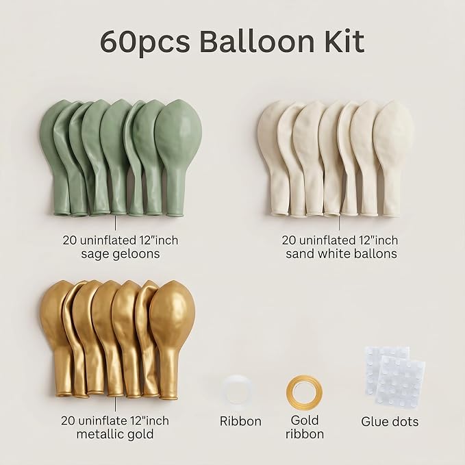 60pcs Sage Green and Gold Balloon Kit, 12 Inch Eucalyptus Olive Green Cream & - Image 2