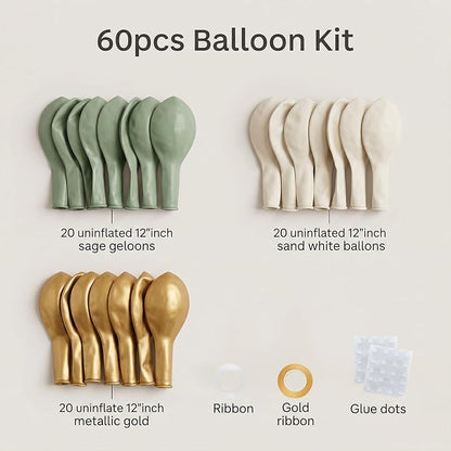 60pcs Sage Green and Gold Balloon Kit, 12 Inch Eucalyptus Olive Green Cream & - Image 2