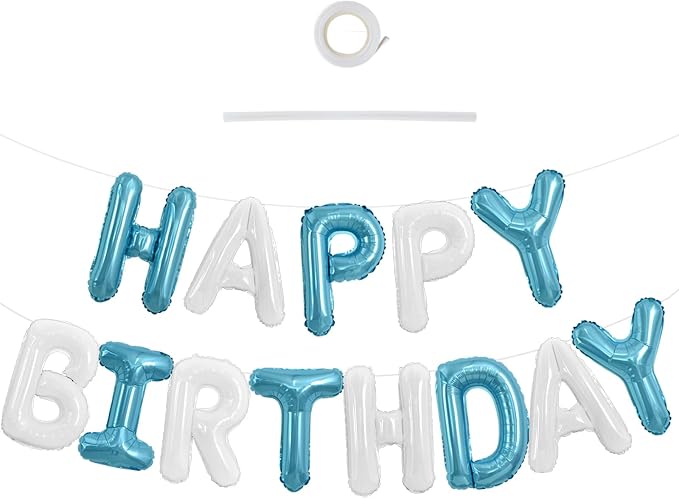 TONIFUL 16 Inch Light Blue White Happy Birthday Balloons Banner Decorations | by TONIFUL