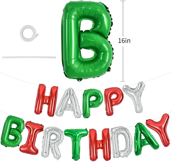 TONIFUL Red Green Silver Happy Birthday Balloons Banner, 16 Inch Mylar Foil - Image 2