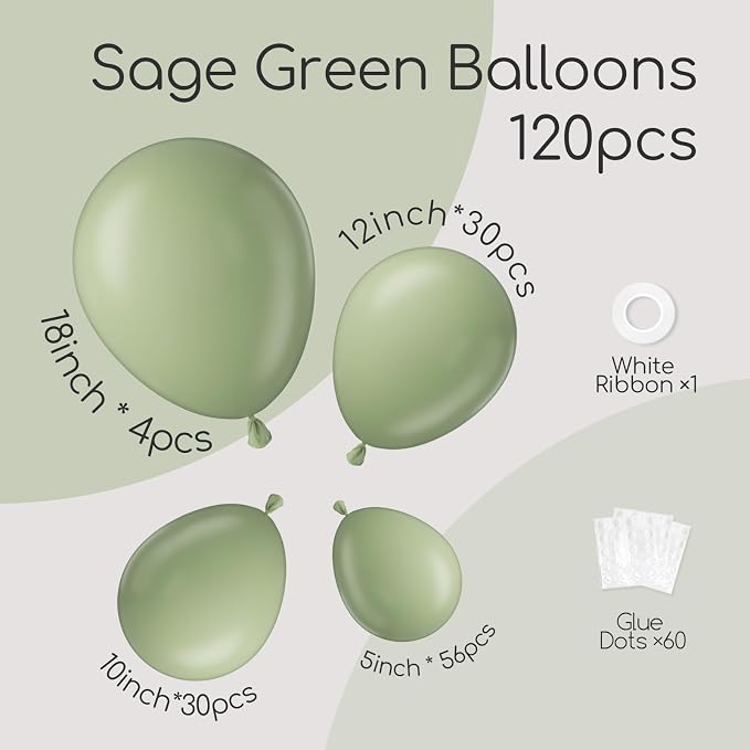 Awenztech 122pcs Pastel Sage Green Latex Balloons in 18 12 10 5 inches | Wedding - Image 2
