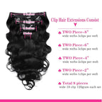 28Inch Clip in Hair Extensions Real Human Hair Body Wave 8Pcs Brazilian Human Hair Clip in Extensions with 18Clips Double Lace Weft 120g #1B Natural Black