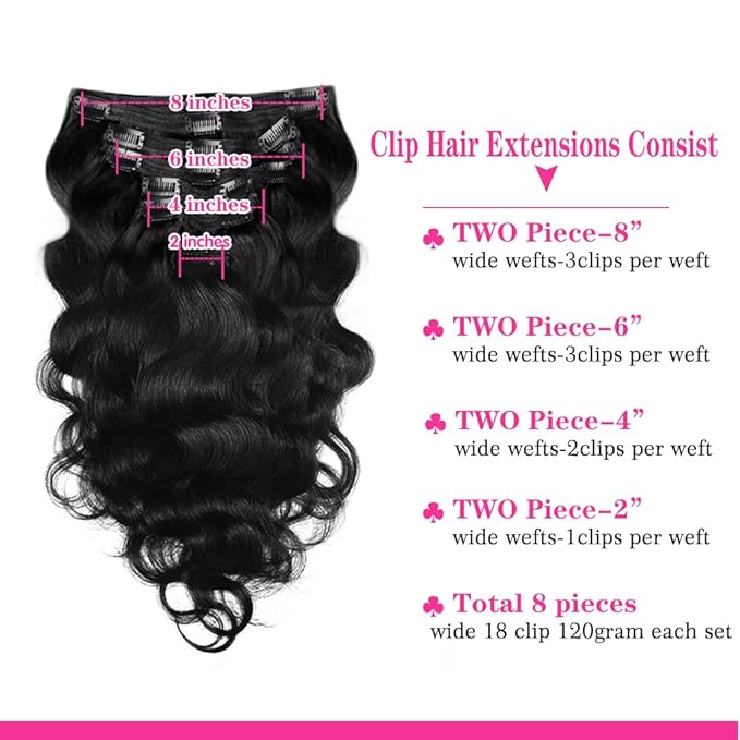 Body Wave Clip in Hair Extensions Real Human Hair, 8Pcs Remy Human Hair Clip in Extensions for Women, Natural Soft Human Hair, 120g 14inch #1B Natural Black