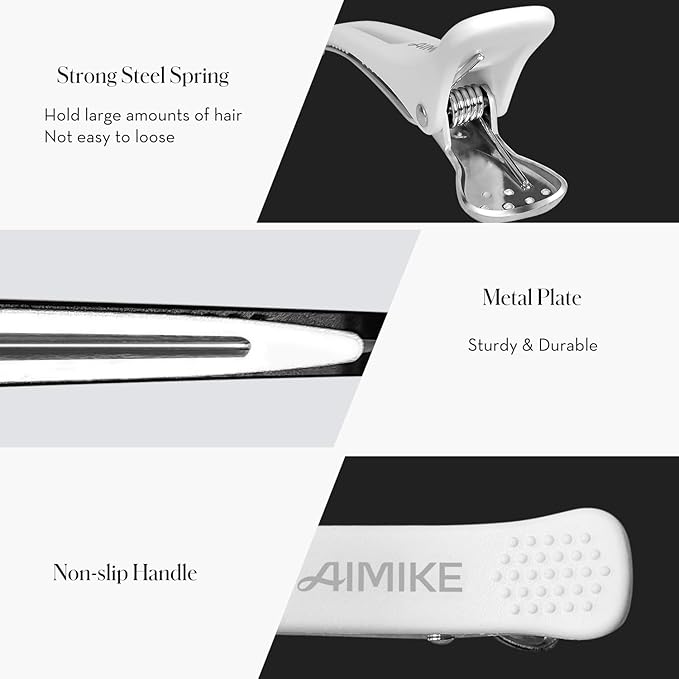 AIMIKE 4pcs Professional Hair Clips for Styling Sectioning, Non Slip No-Trace Duckbill Hair Clips w/Silicone Band, Salon and Home Hair Cutting Clips for Hairdresser, Women, Men - White & Black 4.3”