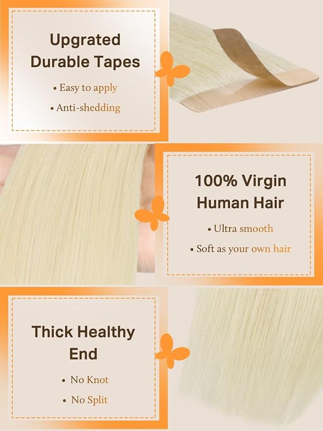 DOORES Hair Extensions Tape in Real Human Hair, Platinum Blonde 80g 18 Inch 20pcs Thick Real Human Remy Tape in Extensions Seamless Straight Thick Ends Remy Natural for Women