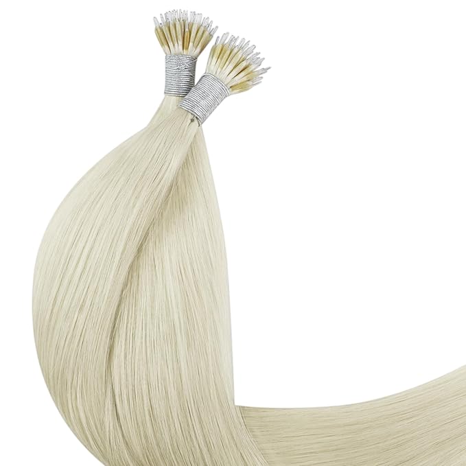 YoungSee Nano Beads Hair Extensions Human Hair Platinum Blonde Nano Ring Hair Extensions White Blonde Nano-Tip Extension 14inch 50g/50s Cold Fusion for Weddings and Special Occasions