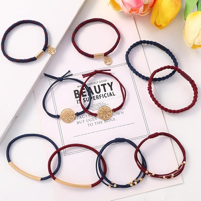 DIYDEC 10PCS Hair Ties Bracelet for Women 5 Styles Soft Braided Boho Hair Bands Elastic No Damage Hair Ties for Girls thick Thin Long Curly Hair Accessories(Blue and red)