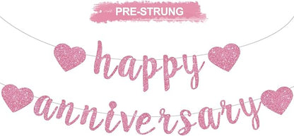 BEISHIDA Glitter Pre-Strung Pink Happy Anniversary Banner Decoration | NO DIY by Beishida