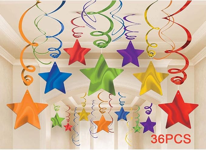 Rainbow Party Star Swirl, Foil Ceiling Hanging Swirl Decorations - Image 4