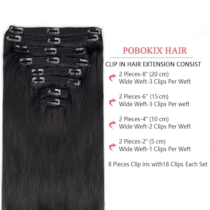 Straight Clip in Hair Extensions Real Human Hair 8Pcs Remy Human Hair Clip ins for Women, Natural Soft Silk Straight Human Hair 120g 20inch #1B Natural Black