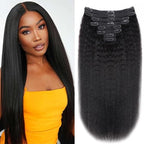 Kinky Straight Human Hair Clip in Extensions 120g Full Head Clip ins for Women 100% Unprocessed Brazilian Virgin Human Hair Yaki Straight Clip ins Remy Hair Natural Black 8Pcs 18Clips 30inch