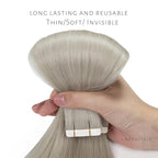 Lacer Hair Extensions Tape in Human Hair Real Hair Silver Seamless Skin Wefts Tape-on Remy Hair Extensions Light Grey Tape in Hair Extensions Invisible Double Sided Tape Ins 16 Inch 20Pcs