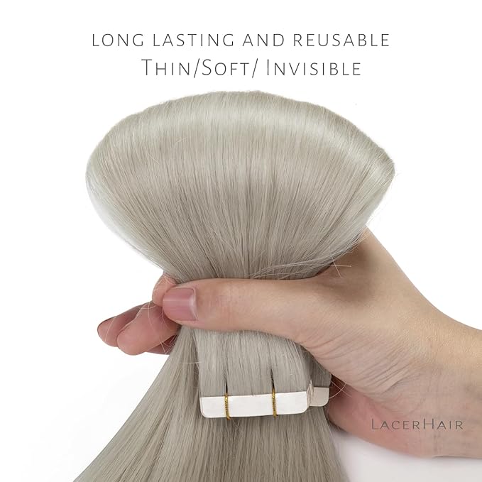 Lacer Grey Tape in Hair Extensions Human Hair - 18 Inch Seamless Silver Grey Balayage Invisible Tape in Hair Extensions 20pcs 50g