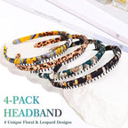 Non-Slip Headbands with Teeth, Polyester Floral and Leopard Hair Bands for Women, 4-Pack