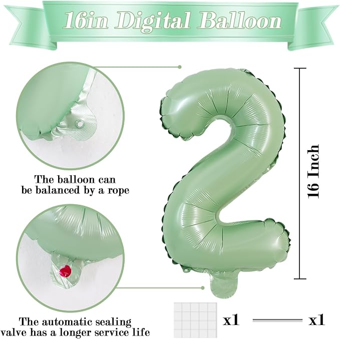 TONIFUL Number Balloon 16 Inch 10Pcs Sage Green 0-9 Birthday Number Ballons | - Image 2