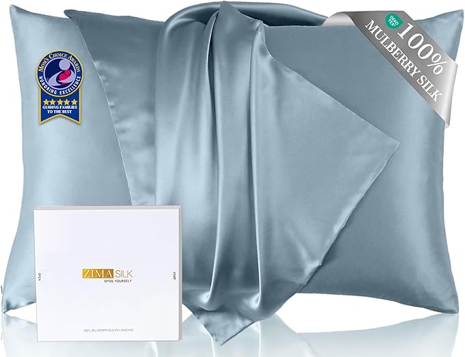 ZIMASILK Upgraded 100% 6A Grade Pure Mulberry Silk Pillowcase for Hair and Skin Silk Pillow Cases with Reinforced Hidden Zipper, More Soft & Durable, Gift Box (King 20"x36" Light Blue)