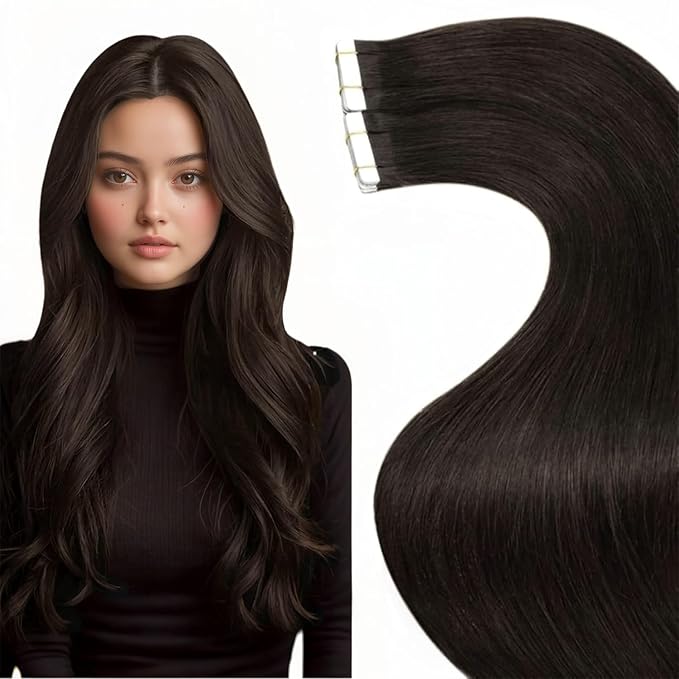 LaaVoo Tape in Hair Extensions Human Hair Brown Tape in Extensions Darkest Brown Tape ins Human Hair Extensions Double Wefts 18 Inch 20pcs 50g