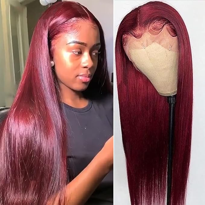 Burgundy 99J Lace Front Wigs Human Hair Pre Plucked Wine Red 13x4 Straight Lace Frontal Wig with Baby Hair for Black Women 150% Density Wig Colored Brazilian Virgin Hair Wig 18 Inch