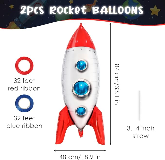 2 Pcs Large Rocket Balloons for Kids, 33 Inch Rocket Ship Balloon, Space Foil - Image 2