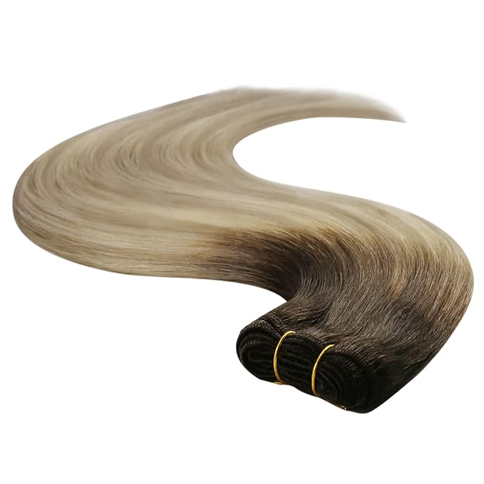 YoungSee 24Inch Weft Hair Extensions Human Hair Brown Roots to Gold Blonde Mix Platinum Blonde Sew in Hair Extensions Ombre Blonde Long Straight Hair Weft Extensions 100G