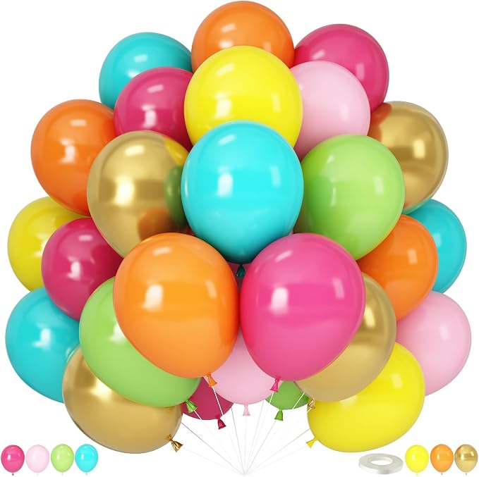 Tropical Balloons, 12 Inch Hawaiian Balloons Teal Hot Pink Orange Yellow by Froova
