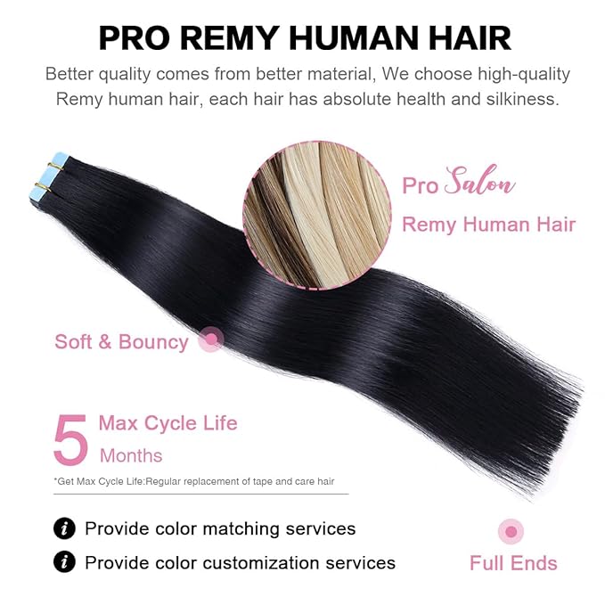 SUYYA Tape in Hair Extensions 100% Remy Human Hair 16 inches 20pcs 40g/pack Straight Seamless Skin Weft Tape Hair Extensions(16 inches #1 Jet Black)
