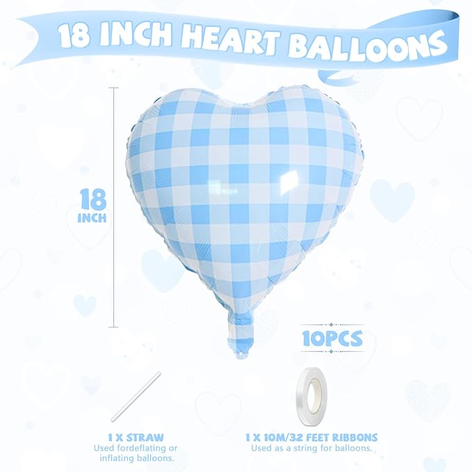 Blue White Checkered Heart Balloons, 18 Inch Lattice Foil Valentines Balloons - Image 2