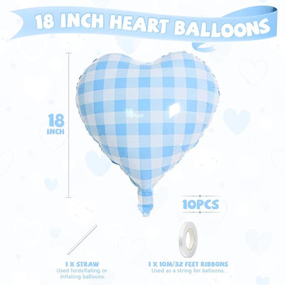 Blue White Checkered Heart Balloons, 18 Inch Lattice Foil Valentines Balloons - Image 2