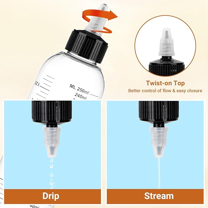 Segbeauty 8.5oz Twist Top Applicator Bottle, 4pcs 250ml Measured Hair Dye Bottles, Clear Empty Hair Oil Bottle with Ratio Graduated Scale, Hair Color Squeeze Bottle Application Bottles for Hair Dyeing