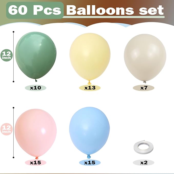 Pink Green Blue Balloon, 60 Packs 12 Inch Pastel Pink Blue Light Sage Green - Image 2