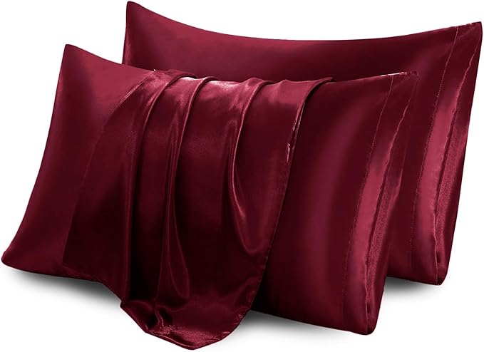 Aormenzy Satin Pillow Cases for Women Queen Size Set of 2, Burgundy Satin Pillowcase for Hair with Envelope Closure Silky Pillow Covers Wrinkle, Fade Resistant (20x30 Inches)