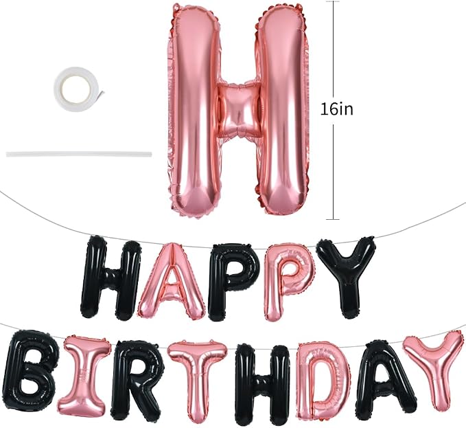 TONIFUL Black Rose Gold Happy Birthday Balloons Banner 16 Inch Mylar Foil - Image 2