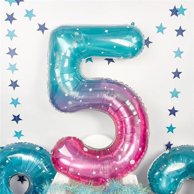 Mermaid Starry 5 Balloons, 40 Inch Giant Teal Blue Purple Mylar Foil Number 0-9 - Image 3