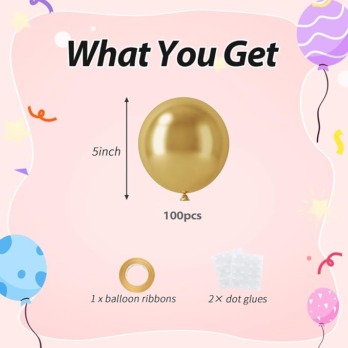 100pcs 5inch Metallic Gold Balloons | 5” Mini Chrome Gold Party Balloons Kit - Image 2