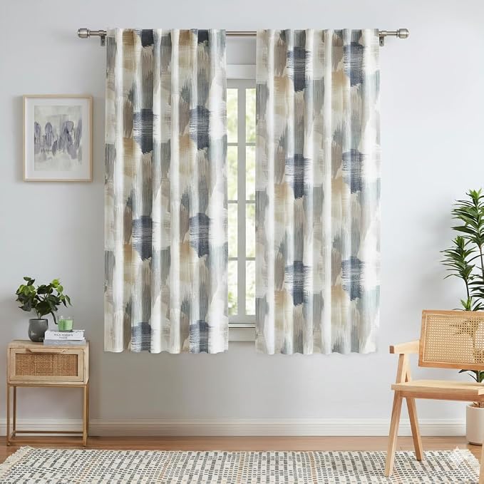 Kayne Studio Blue Brown Boho Geo Rod Pocket Semi Sheer Curtains 63 Inches | by KayneStudio