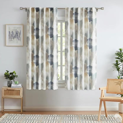 Kayne Studio Blue Brown Boho Geo Rod Pocket Semi Sheer Curtains 63 Inches | by KayneStudio