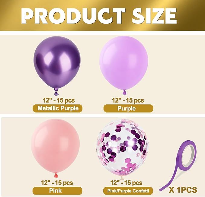 Pink Purple Balloons 60Pcs 12 Inch Confetti Latex Balloon Kit - Image 5