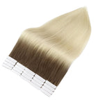 Full Shine Tape in Extensions Human Hair Color Ash Brown Ombre Blonde Tape in Hair Extensions 16 Inch 20 Pcs 50G Invisible Balayage Soft Remy Hair for Women Seamless Skin Weft