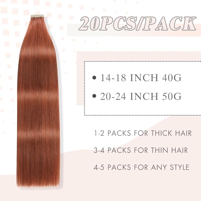 Auburn Brown Tape in Hair Extensions Human Hair, 20pcs 16 Inch Remy Hair Extensions Straight Human Hair Tape in Extensions Skin Weft Tape Extensions Human Hair (#A33,16 Inch)