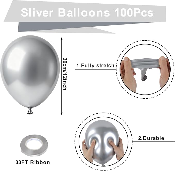 Patimate Metallic Silver Chrome Latex Party Balloons 100 Pack 12 Inch | - Image 2