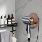 Wall Mounted Hair Dryer Holder, 5.1 Inch Round Shape Walnut Wood Shelf Aluminum Hairdryer Holder,Bathroom Hair Dryer Stand Drill Install (Round Shape Walnut Wood, 1)