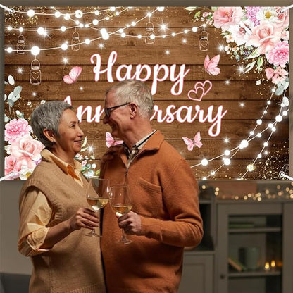 AIBIIN Pink Floral Happy Anniversary Banner Backdrop 6x3.6ft | Happy - Image 5